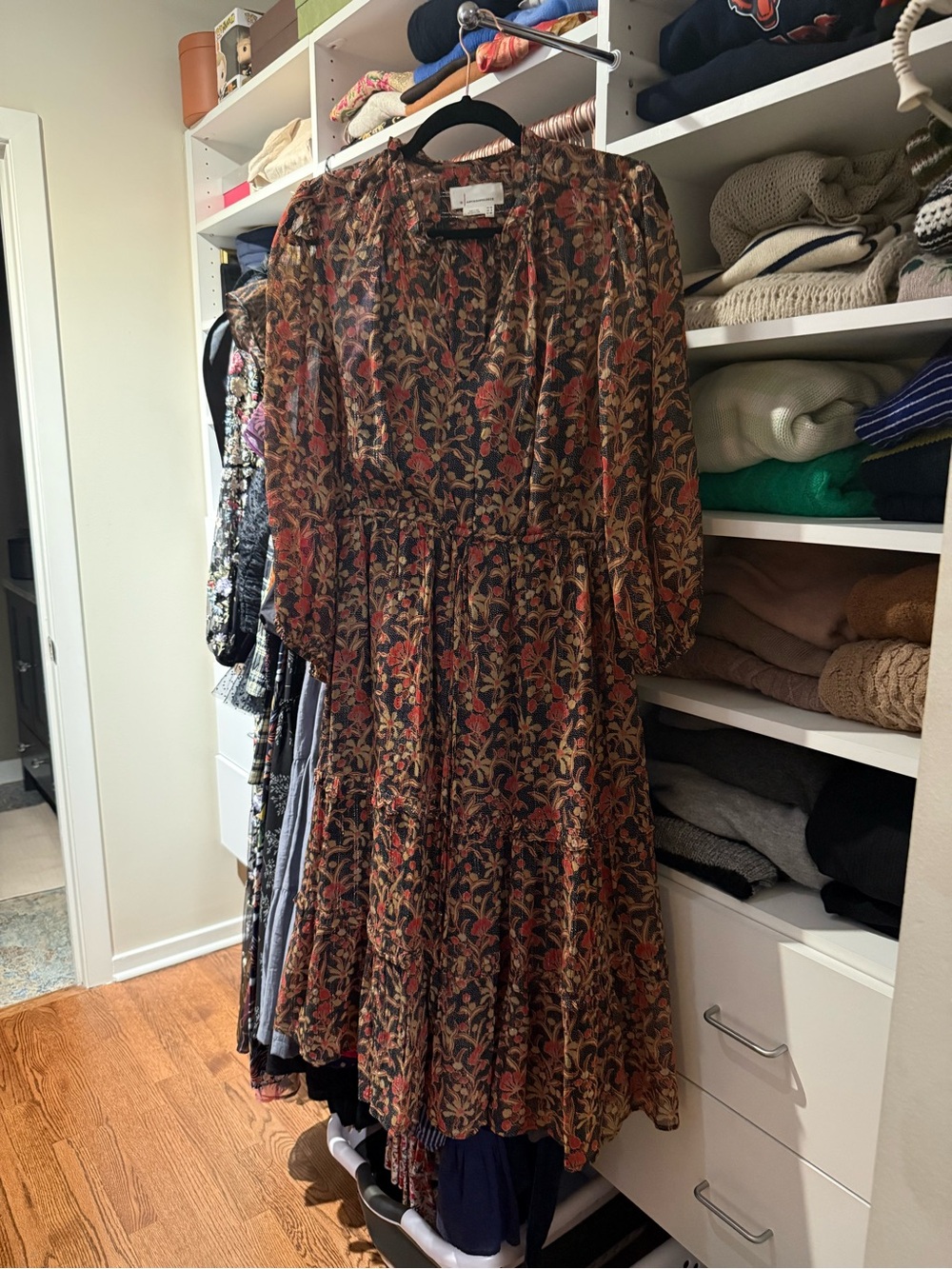 Anthropologie Floral Tiered Midi Dress in Brown and Rust